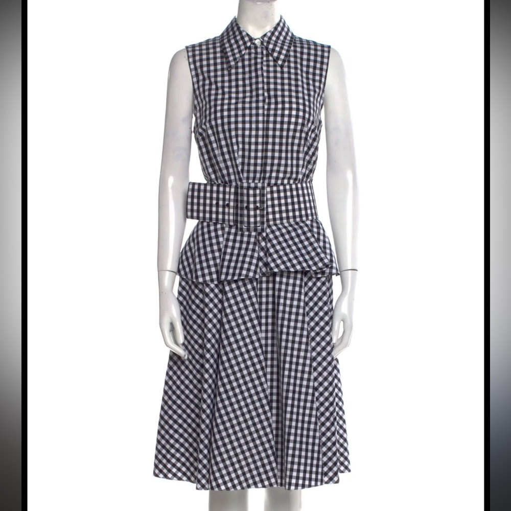 Michael Kors Collection Black & White Gingham Midi Skirt with Belted Waist
